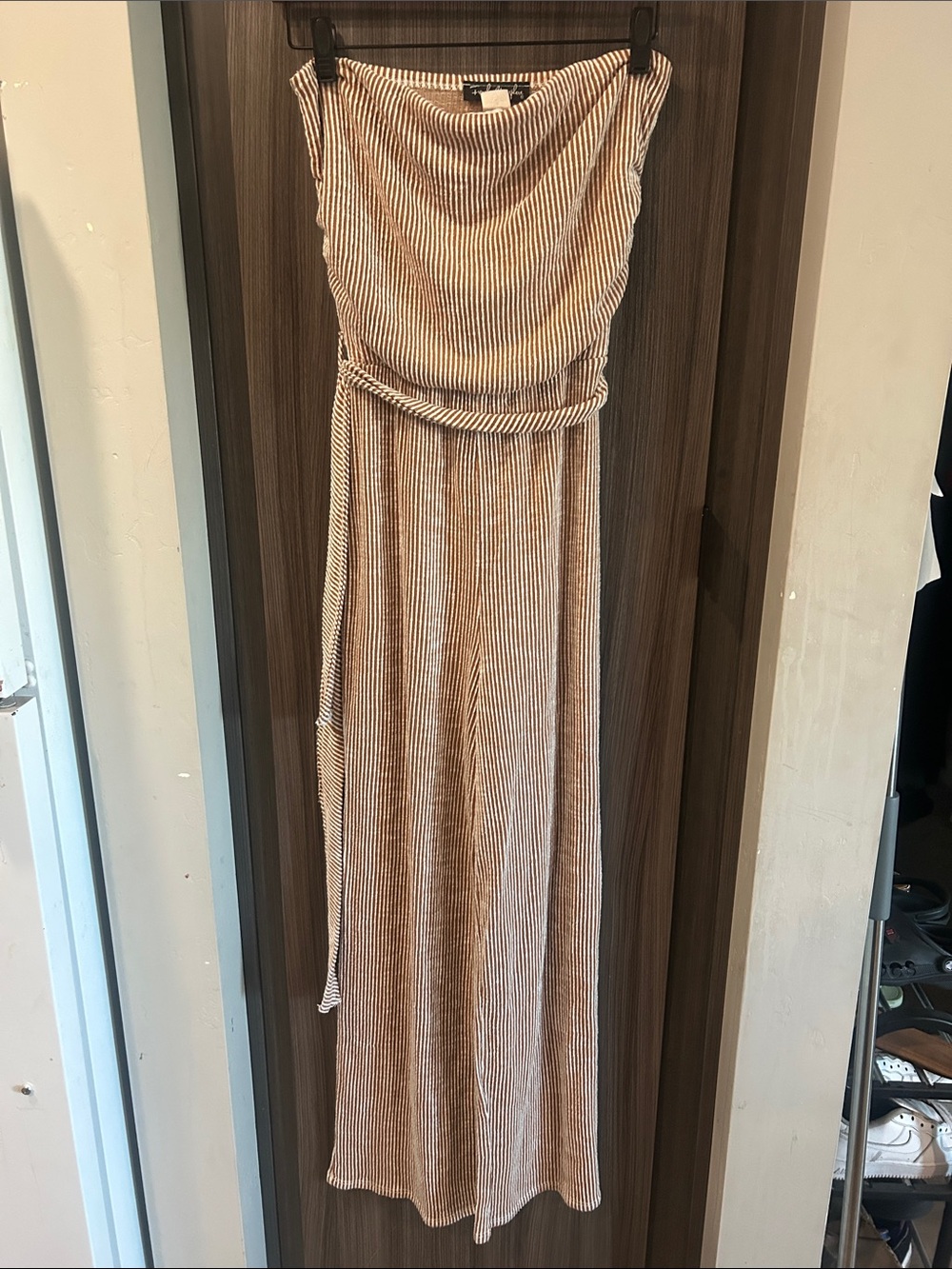 Sleeveless Striped Maxi Romper in Beige and White